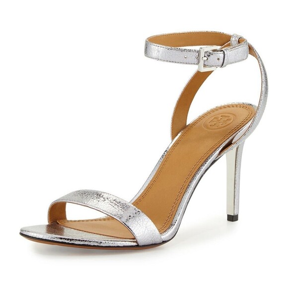 Tory Burch Elana Pewter Silver Metallic Ankle Strap Heels Size 11 85mm - Picture 1 of 9
